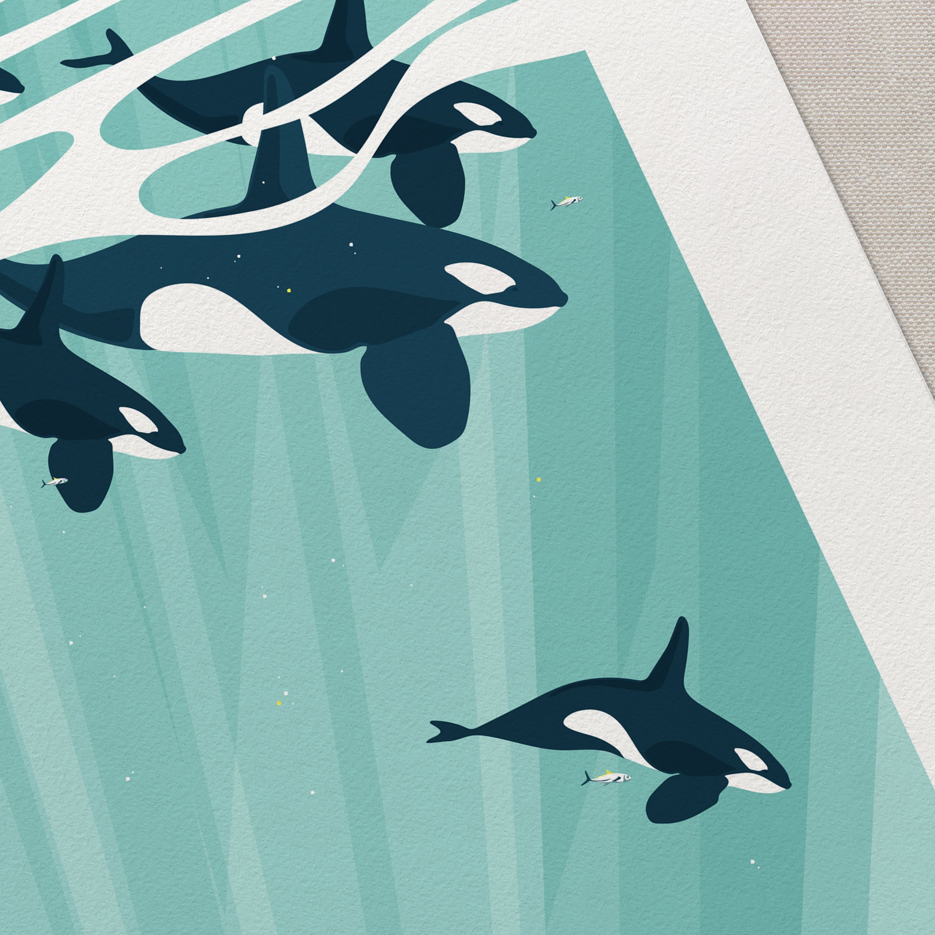 Illustration of orcas swimming underwater with a stylized background
