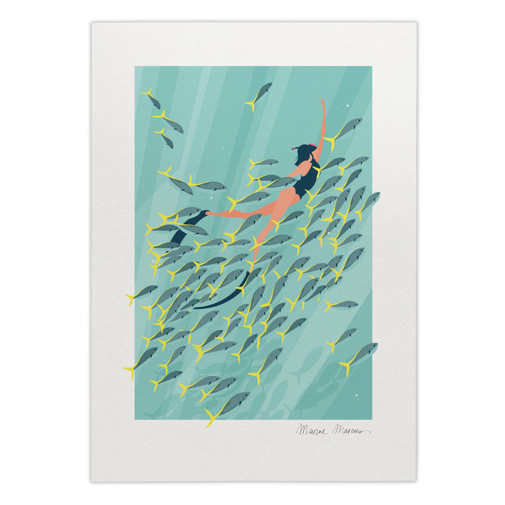 Illustration of a person swimming with fish on a blue background