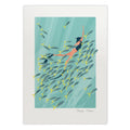 Illustration of a person swimming with fish on a blue background